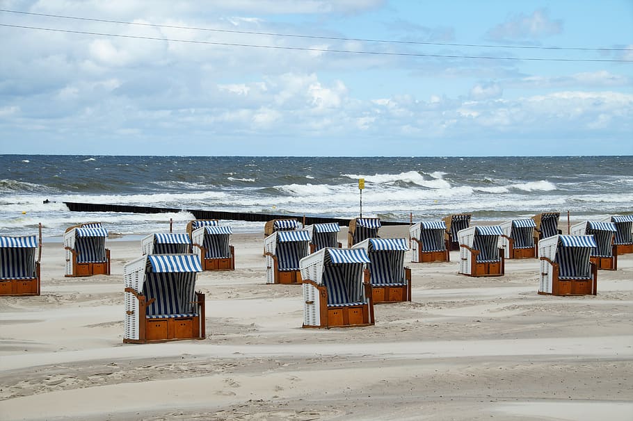 the baltic sea, coast, beach, beach baskets, protection, wind, sit, wicker, waves, summer