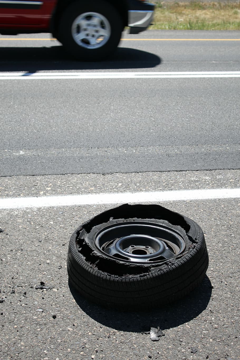 stripped, vehicle tire, road, blowout, tire, wheel, rubber, flat, tyre, car