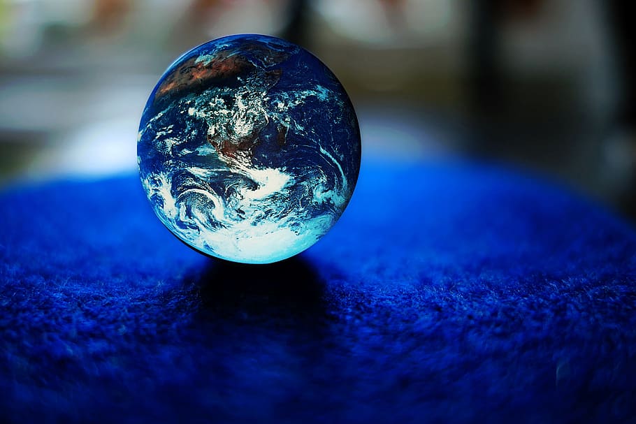 shallow, focus photography, blue, toy marble, Earth, Marble, ball, glass, globe, world
