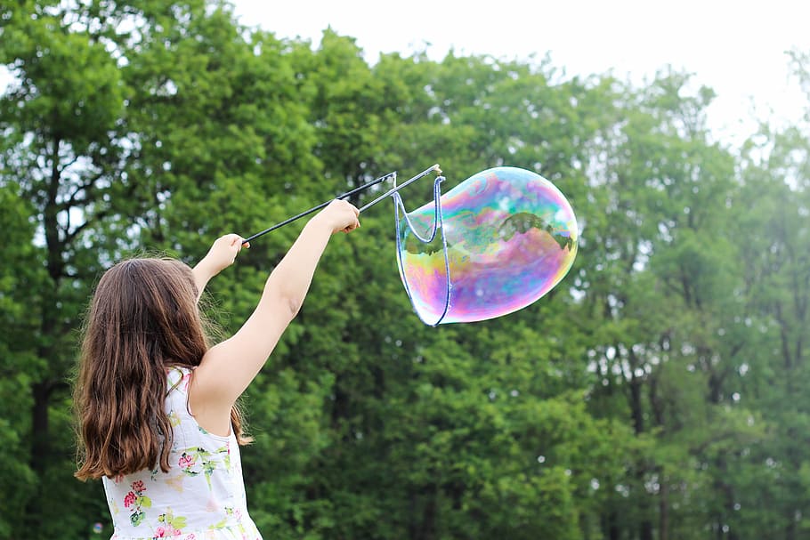 girl, playing, bubble, forest, woman, wearing, white, green, pink, floral