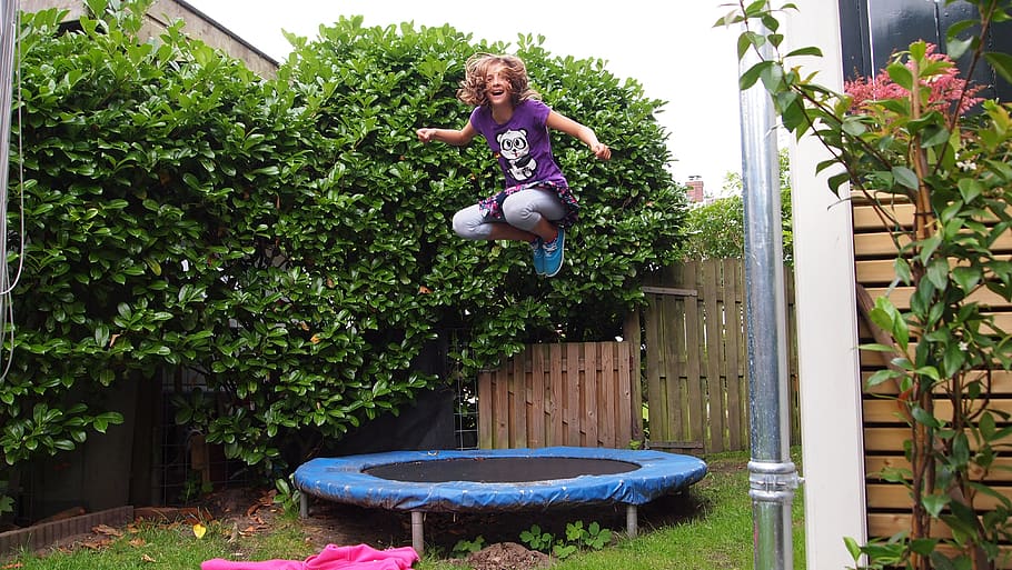girl, jump, trampoline, outdoor, garden, shrubs, fun, happy, child, merry