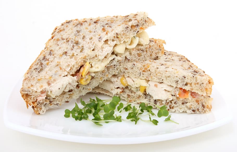 two, sandwich, plate, leafy, vegetable, appetite, bread, breakfast, brown, calories