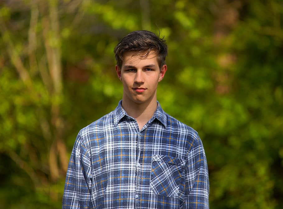 man, standing, green, leafed, trees, daytime, boy, young man, spring, teen