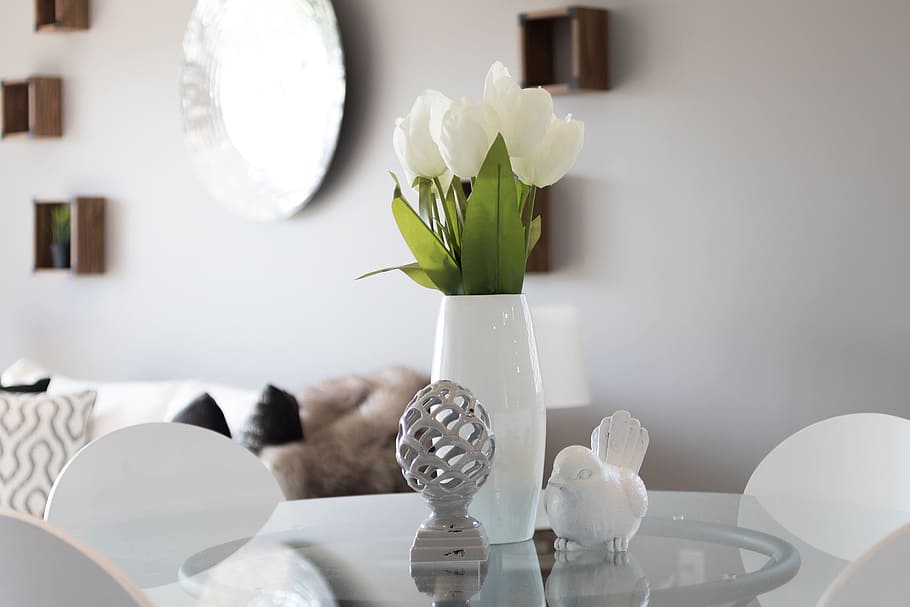 white, tulips, placed, ceramic, vase, staging, real estate, interior, architecture, design