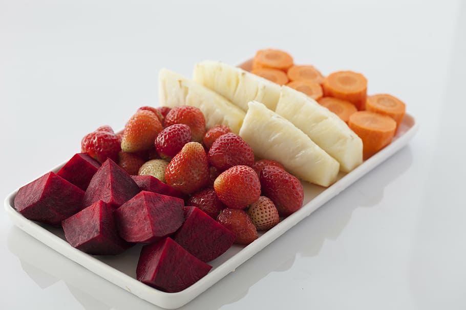 slice fruit lot, carrot, pineapple, beet, strawberry, fruits, vegetables, raw, vitamins, vegetarian
