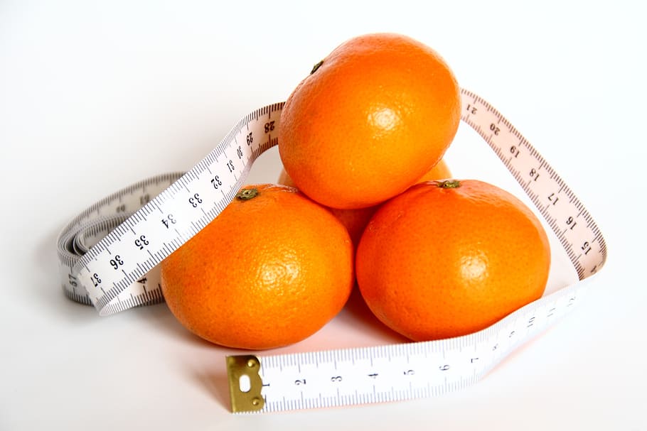 orange, fruits, wrap, white, tape measure, fruit, eat, meter, weight, orange color