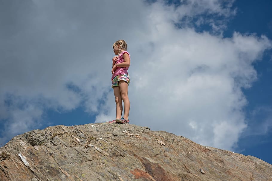girl, standing, rock, child, blond, mountain, stone, top, mountain peak, arrived