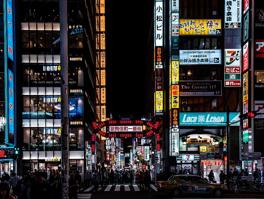 黒, コンクリート, 構造, マウント, 各種, 看板, LED, 新宿, 歌舞伎町, 日本