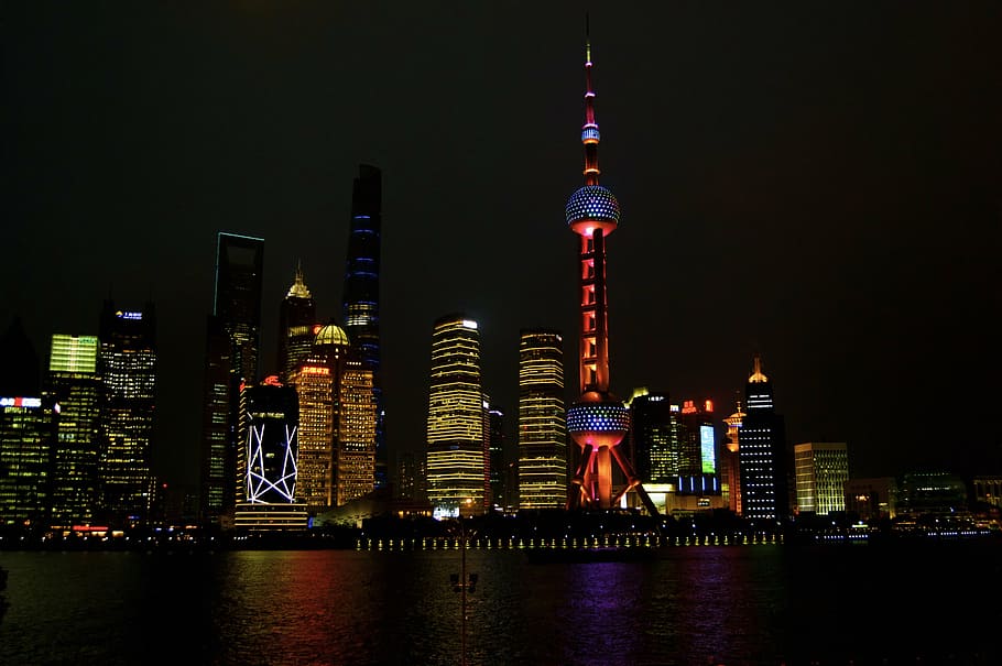 cn tower, nighttime, skyscraper, shanghai, china, lights, night, modern architecture, cityscape, architecture