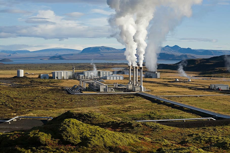 smoke outside building, power plant, geothermal, geothermal energy, geo thermal power plant, nesjavellir, iceland, steam, steam turbines, energy