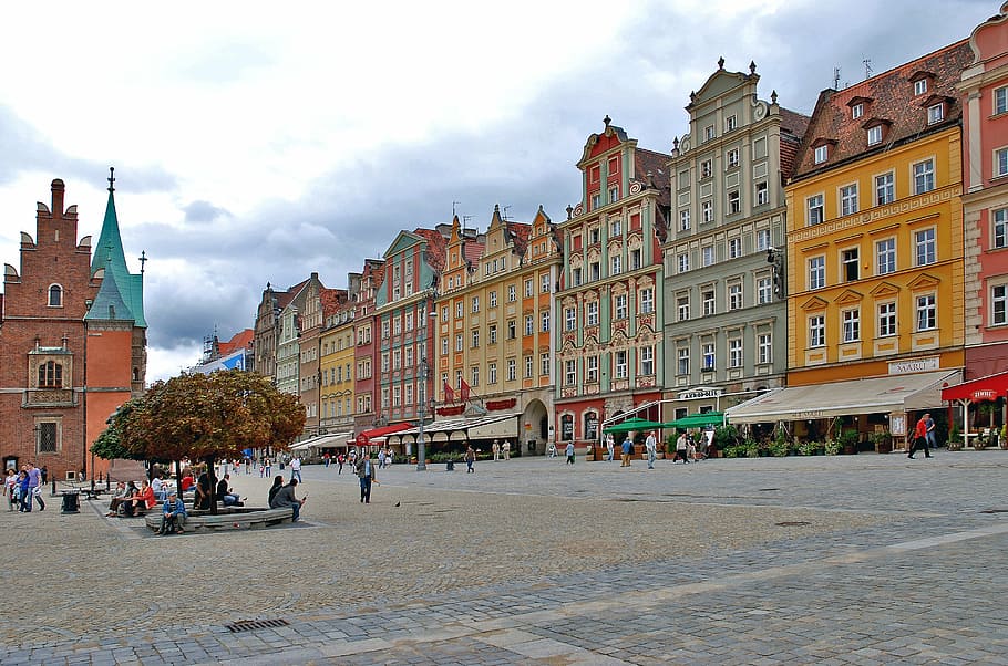 comerciais, edifícios, azul, polônia, baixa silésia, cidade velha, wrocław, história, mercado, arquitetura