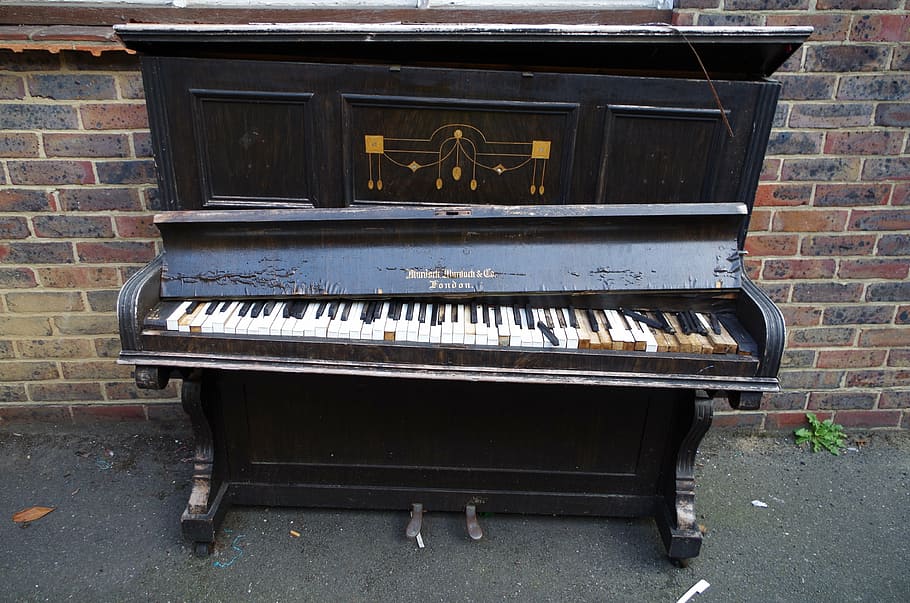 black upright piano, piano, keyboard instrument, damage, damaged, broken, keys, instrument, musical instrument, musical equipment