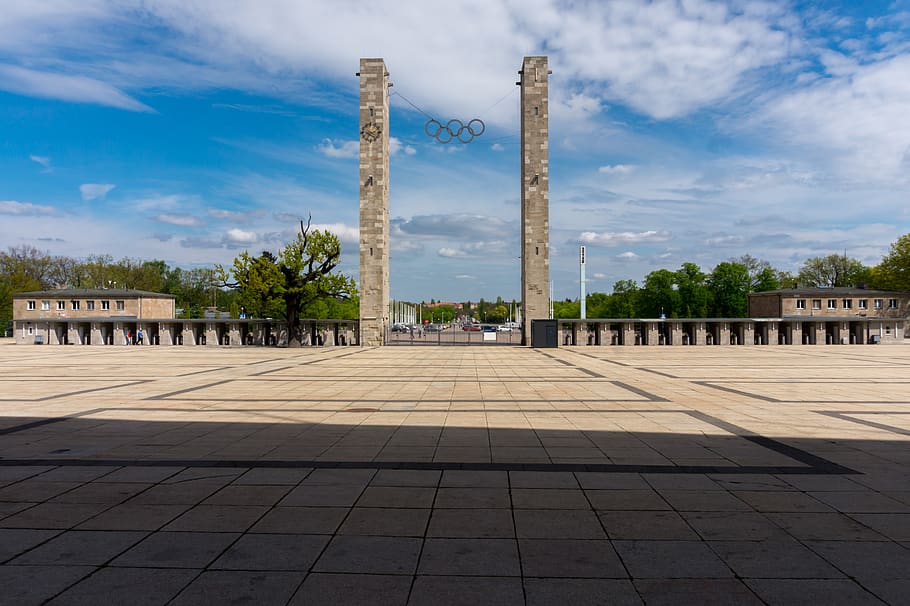 architecture, monument, berlin olympic stadium, main entrance, east gate, olympic rings, historically, berlin, sky, built structure