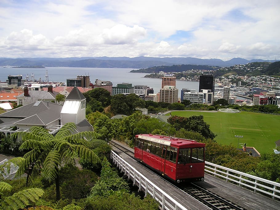 red, train, railroad, daytime, new zealand, wellington, rack railway, viewpoint, view, building exterior