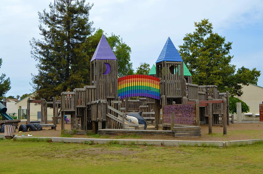 brown, wooden, playground park, white, blue, sky, daytime, Rainbow, School, Child, Education