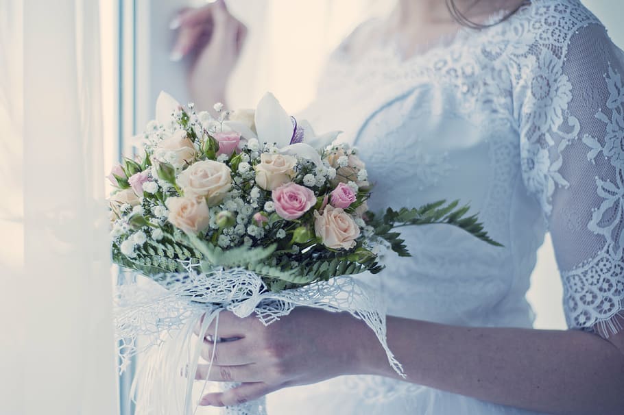 woman, white, floral, gown, holding, bouquet, flowers, window, people, bride