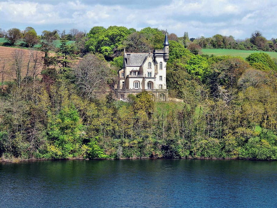 manor, river, brittany, tree, landscape, water courses, green, stang-ar-lin, architecture, built structure