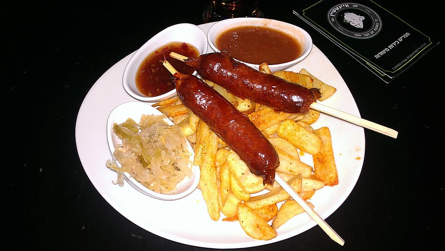 sausage, fries, dinner, food, hot dog, food and drink, ready-to-eat, freshness, plate, table