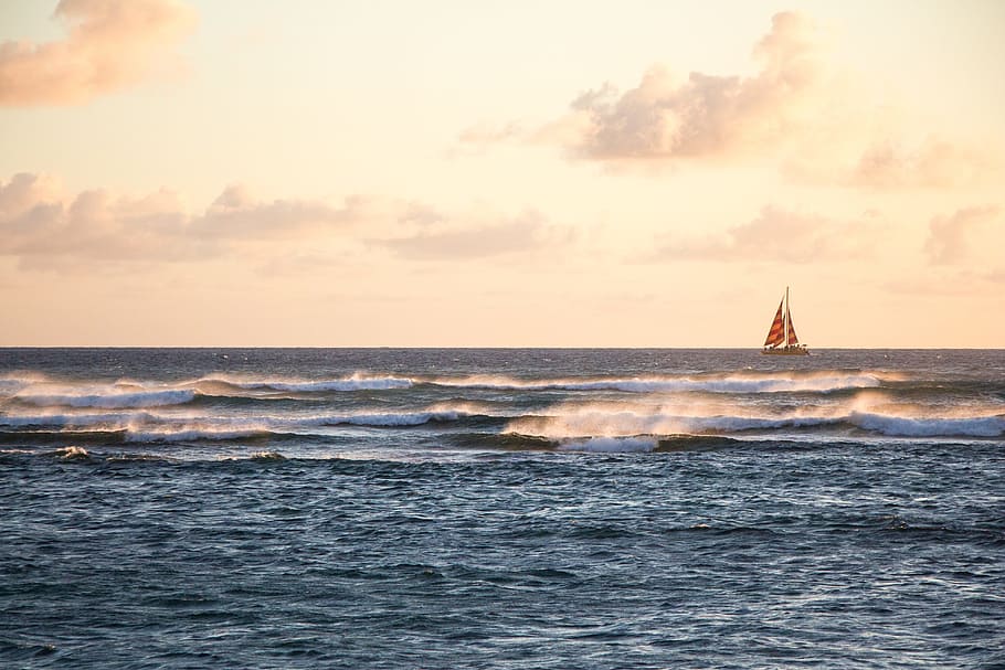 赤, 帆, ボート, ボディ, 水, 昼間, 帆ボート, 水のボディ, ハワイ, ヨット