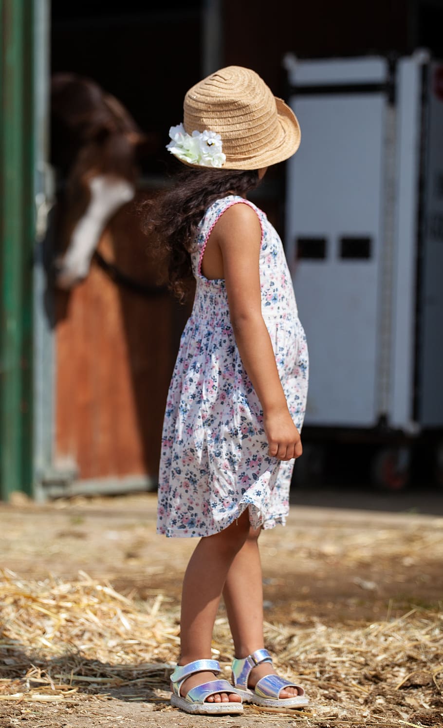 child in stable, horse, child in hat, child, hat, portrait, girl, childhood, person, summer