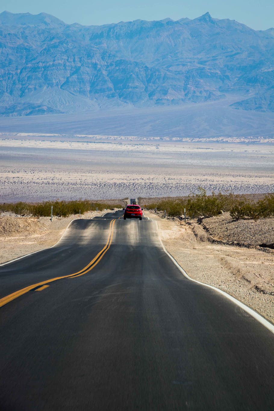 red, car, gray, concrete, road, valley, death, desert, highway, auto