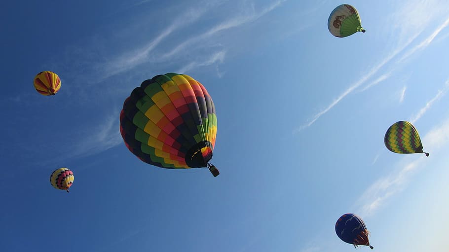 seis, colores variados, globos aerostáticos, vuelo, globo aerostático, ascenso, cielo, aviación, volando, en el aire