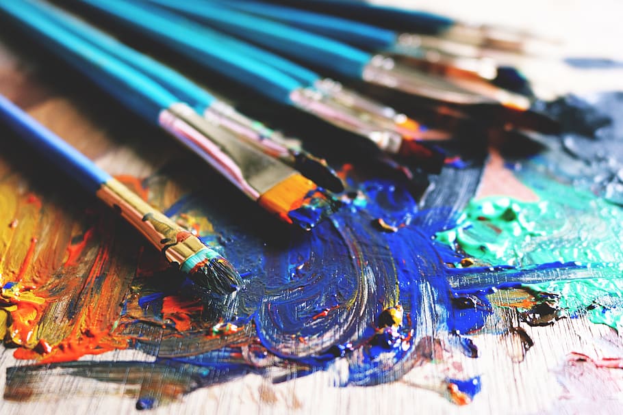 kuas seni, cat, kuas, berbagai, seni, lukisan, multi-warna, biru, kreativitas, warna