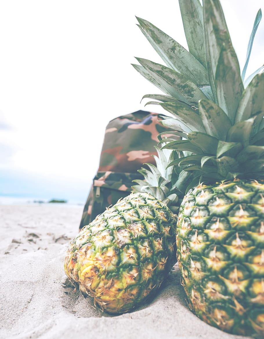 pineapple, dessert, appetizer, fruit, juice, crop, sand, beach, bag, tropical fruit