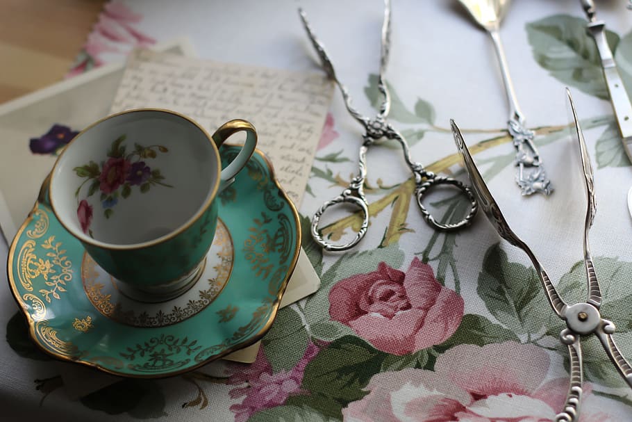 Vintage, Cup, Cutlery, Silver, vintage cup, scissors, spatula, antique, flowers, cultures