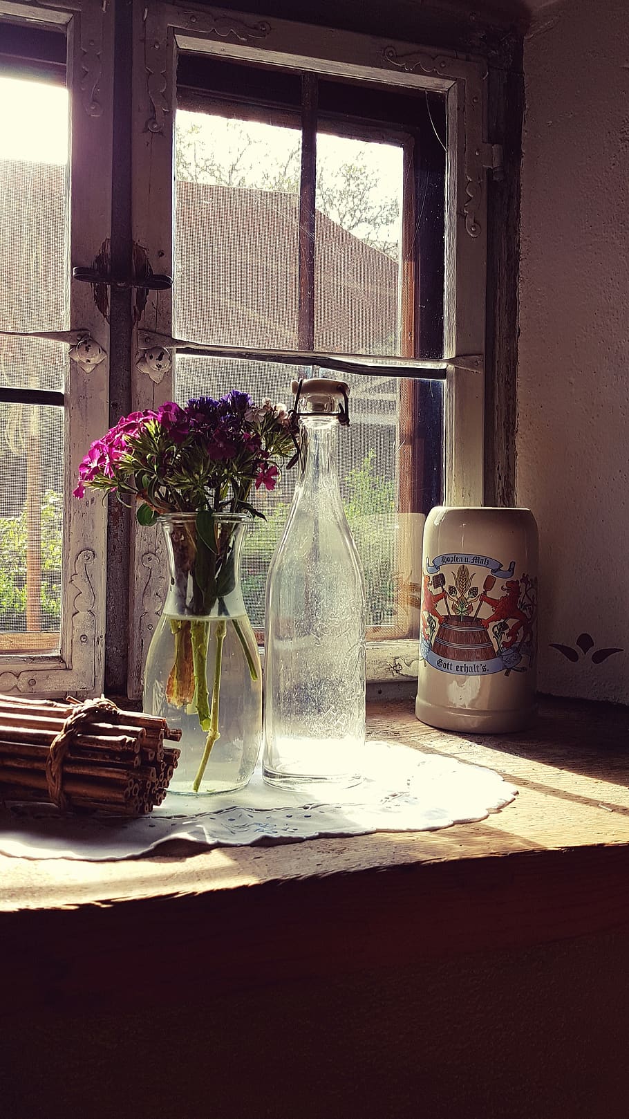 farmhouse, old, antique, window, flowers, bottle, beer mug, nostalgia, container, flowering plant