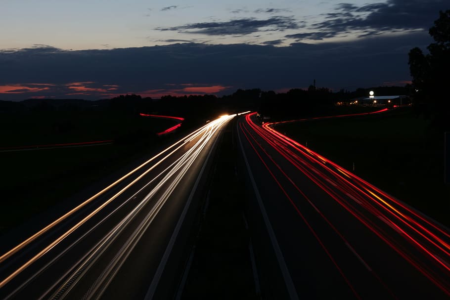 autobahn, time exposure, sunset, long exposure, illuminated, motion, speed, light trail, transportation, blurred motion