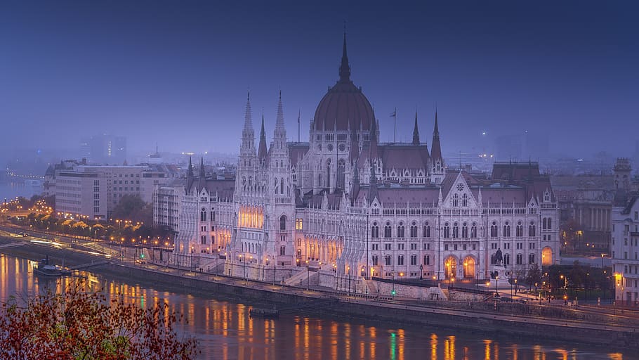dawn, budapest, parliament, hungary, danube, fog, building, sky, architectural, city