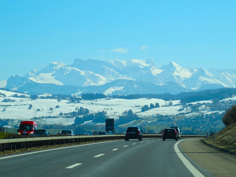 Highway, Expressway, Traffic, Mountains, snow mountains, roadway, guard rail, road, car, transportation