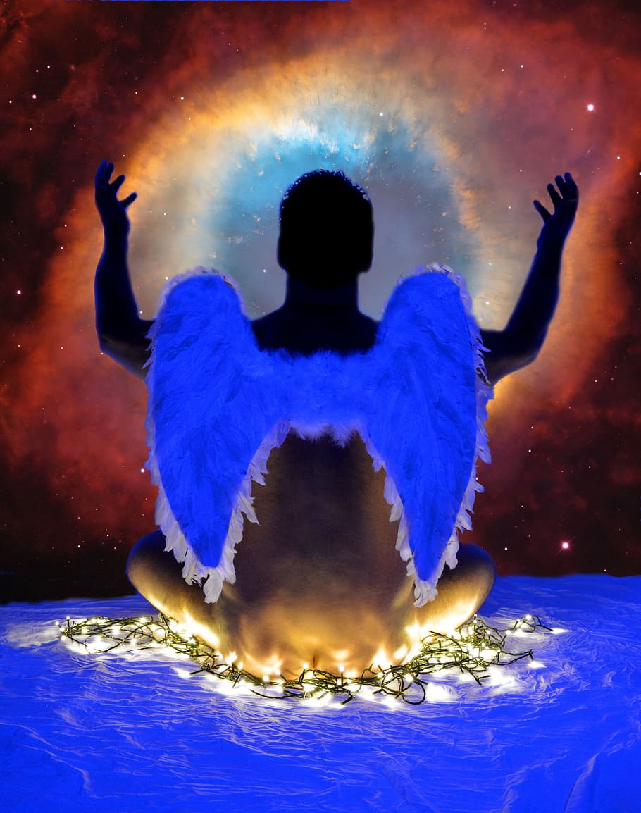 man, wings, string lights, Supernova, Angel, Worship, Cosmic, universe, archangel, michael