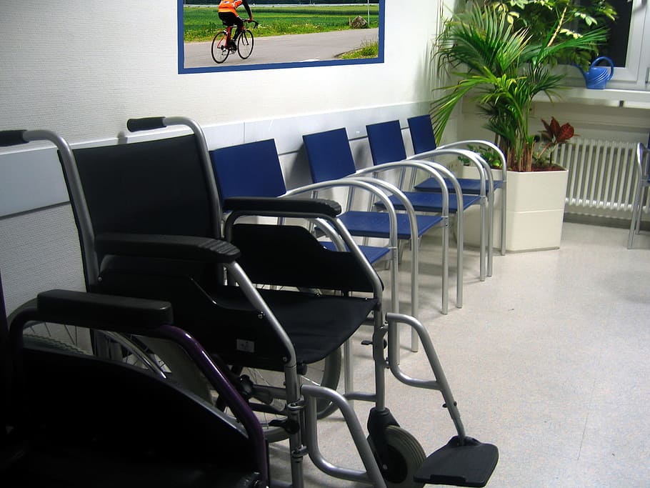 black, gray, wheelchair, blue, chair, steel frame, doctor, doctor's office, practice, waiting room