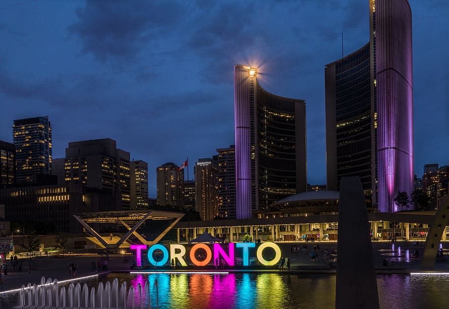high-rise, buildings, Toronto, Skyline, Canada, Ontario, town hall, night, reflections, building exterior