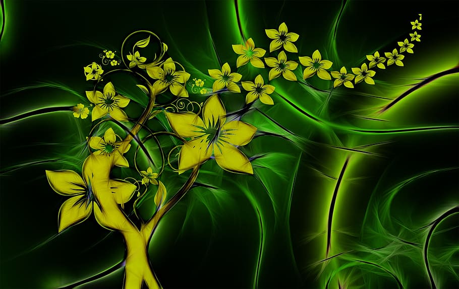 yellow, green, petaled flowers, digital, wallpaper, flora, entwine, fractals, flowers, abstract