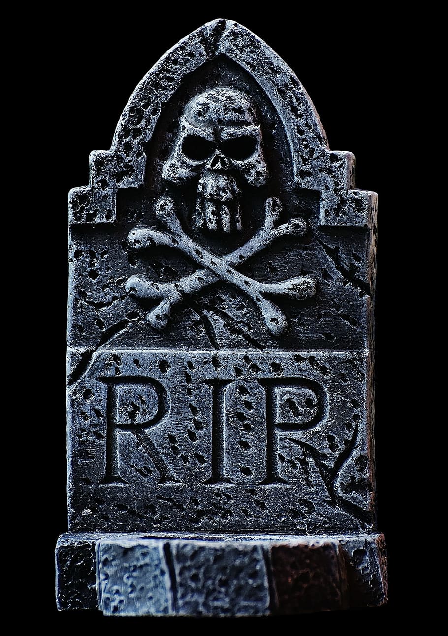 tombstone, halloween, grey, skull and crossbones, creepy, black background, belief, close-up, religion, text