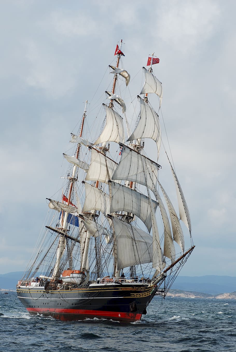 black, white, ship, body, water, daytime, clipper ship, three masted, sails, stad amsterdam