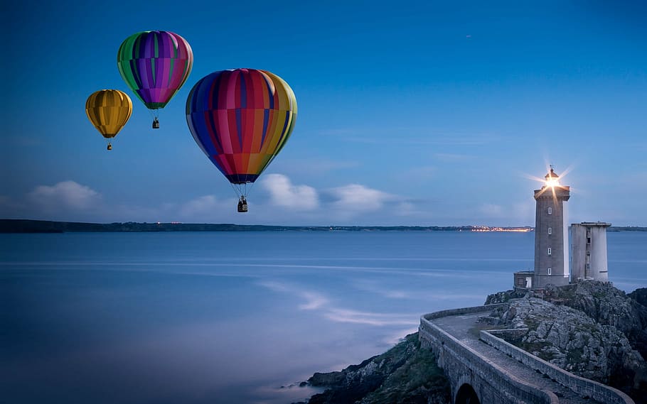 three, pink, hot, air balloons, balloon, hot air balloon ride, mission, lighthouse, evening, sky
