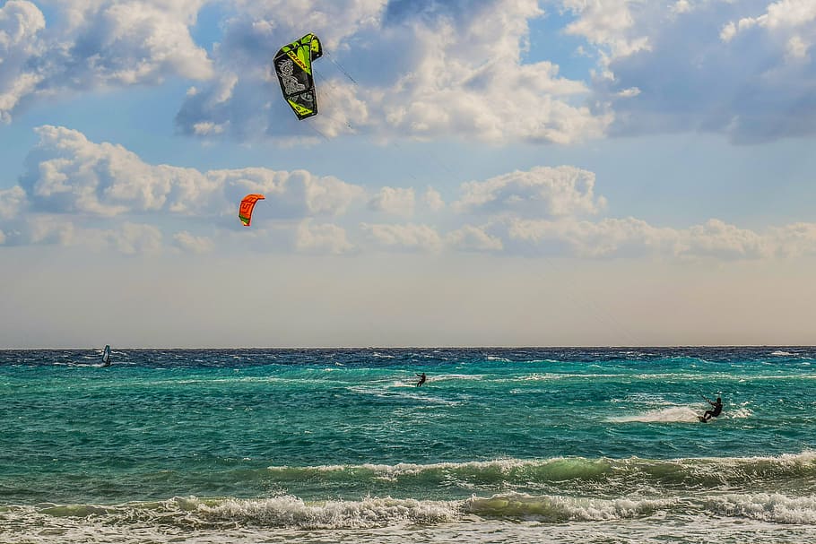 cyprus, ayia napa, makronissos beach, winter, tourism, kite boarding, windsurfing, water sports, sea, waves