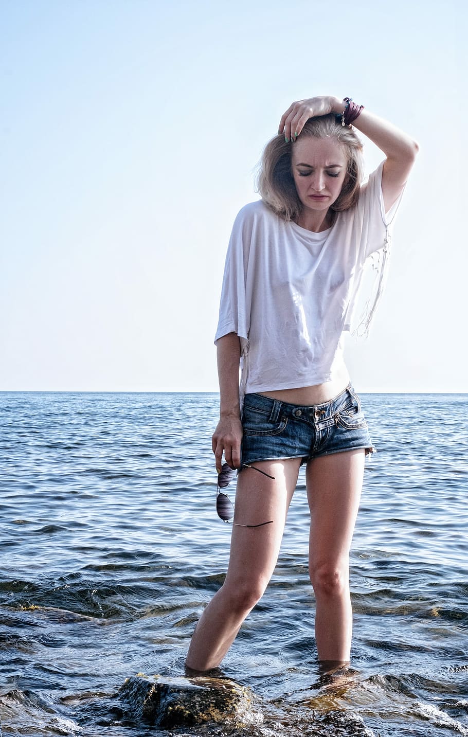 woman, standing, boulders, body, water, Girl, Black Sea, Model, Shorts, sea