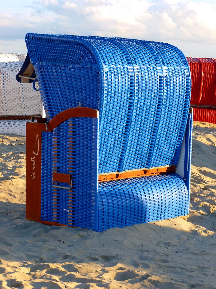 silla de playa, playa, arena, mar del norte, vacaciones, azul, playa de arena, junto al mar, verano, cielo