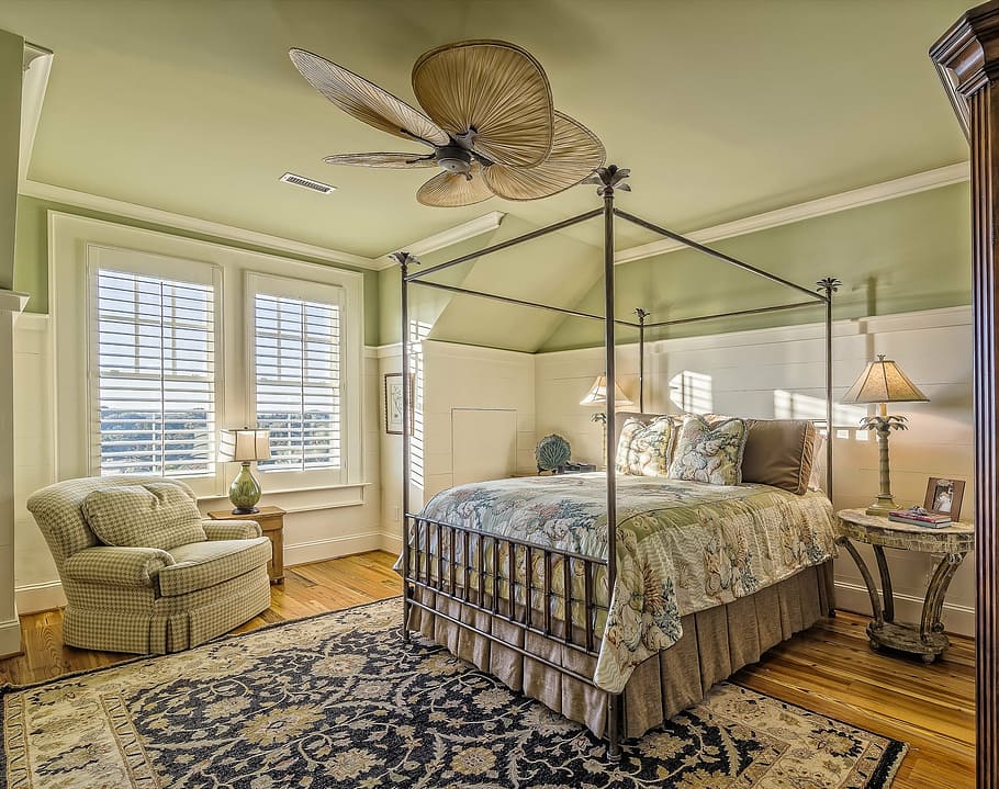 beige, 5-blade, 5- blade ceiling fan, bedspread, bedroom, architectural, interior, lifestyle, contemporary, residential