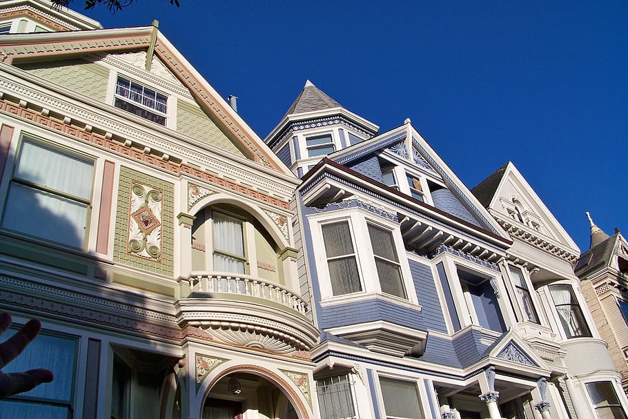 회색, 푸른, 화이트, 주택들, 하늘, 집, 샌프란시스코, 캘리포니아, 미국, 건축물