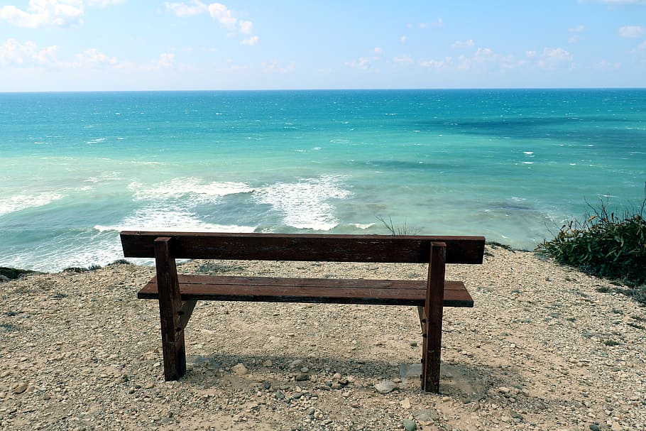 empty, brown, wooden, bench, view, sea, daytime, Bank, Vista, Tranquility