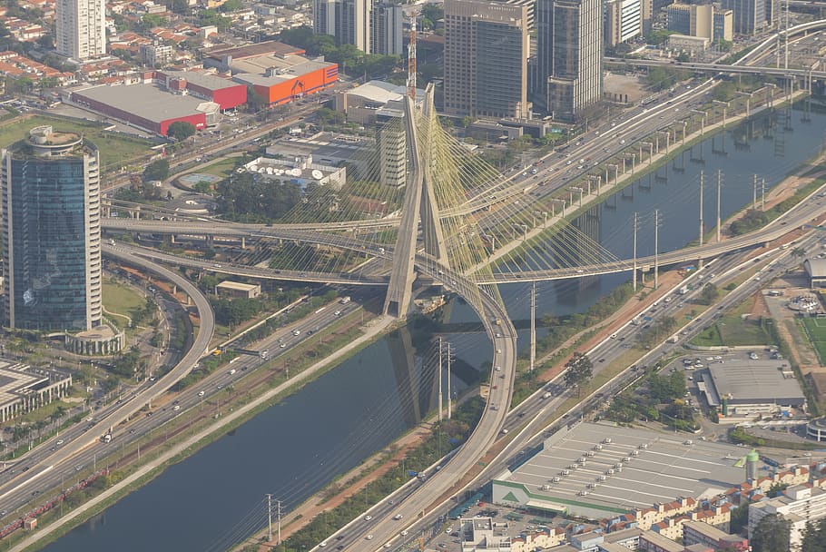cityscape, brazil, urban, landmark, bridge, river, aerial, sao paulo, metropolis, megalopolis