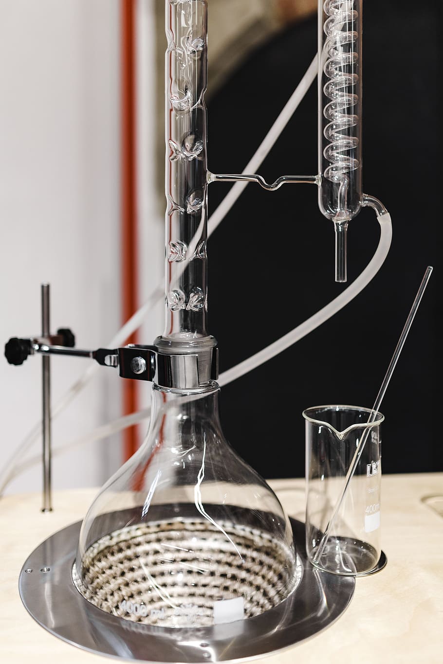 destilación, equipo, experimento, química, reacción, aparato, ciencia, químico, mezcla, vidrio