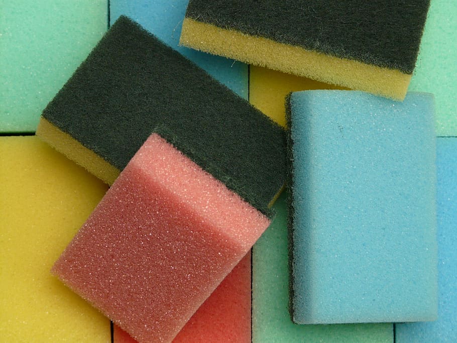 four, assorted-color dishwashing sponges, sponge, sponges, clean, colorful, many, variety, new, pattern