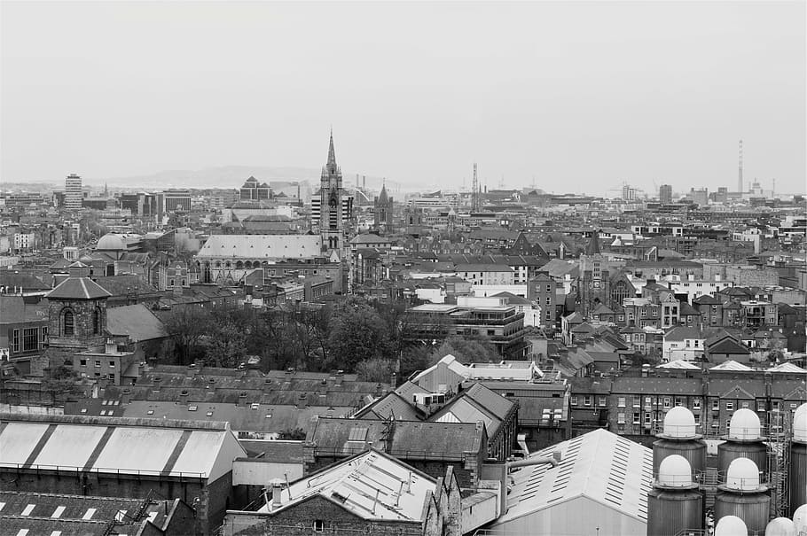 grayscale photo, buildings, grayscale, aerial, view, rooftops, city, architecture, black and white, building exterior